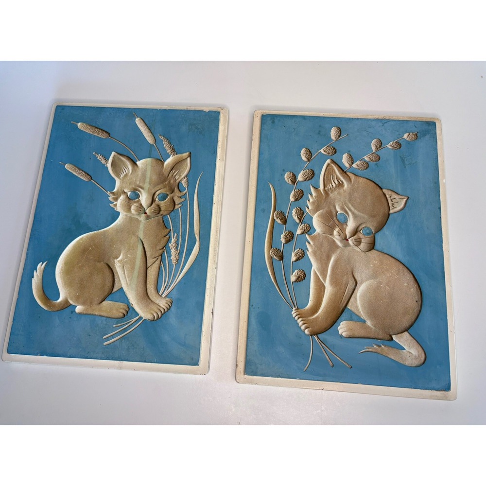 🐈Vintage 1961 Richter Chalkware Blue Eyed Cats Blue Background 12"